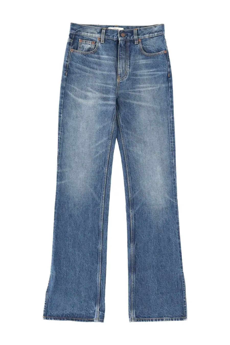 Chloé women’s high-waisted blue denim pants with straight-leg cut and subtle fading in cotton material