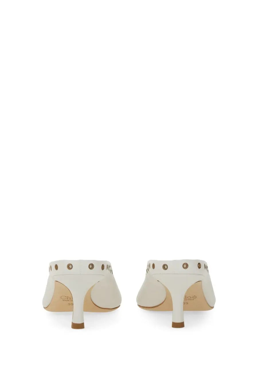 Chloé women’s écolleté ghillies white leather mules with metallic eyelets and a low heel