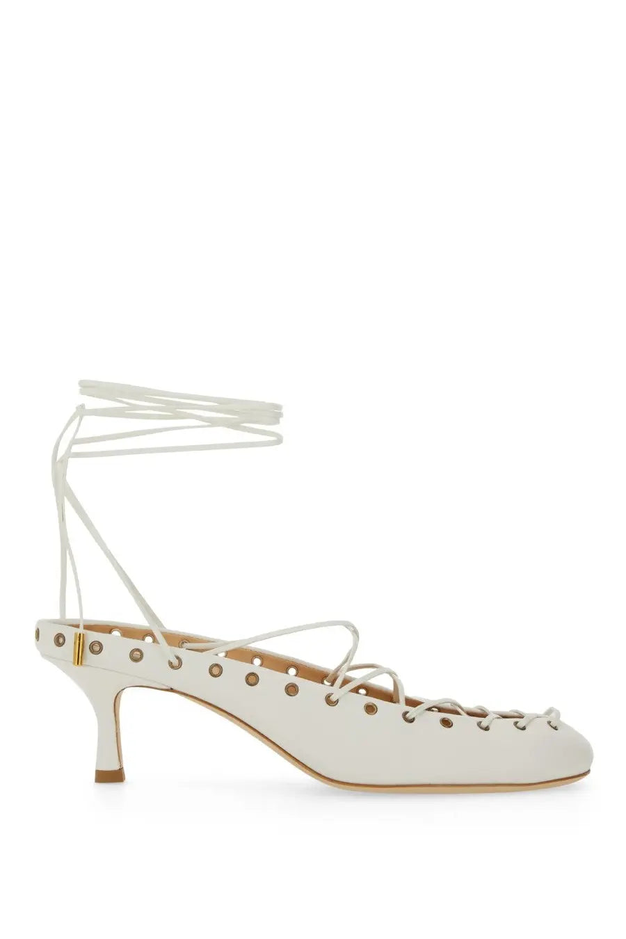 Chloé women’s écolleté ghillies white leather pump with strappy ankle straps gold-tone eyelets and low heel