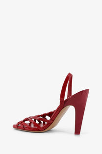 Chloé women’s Estra red patent leather strappy high heel sandals with ankle strap for elegant wear