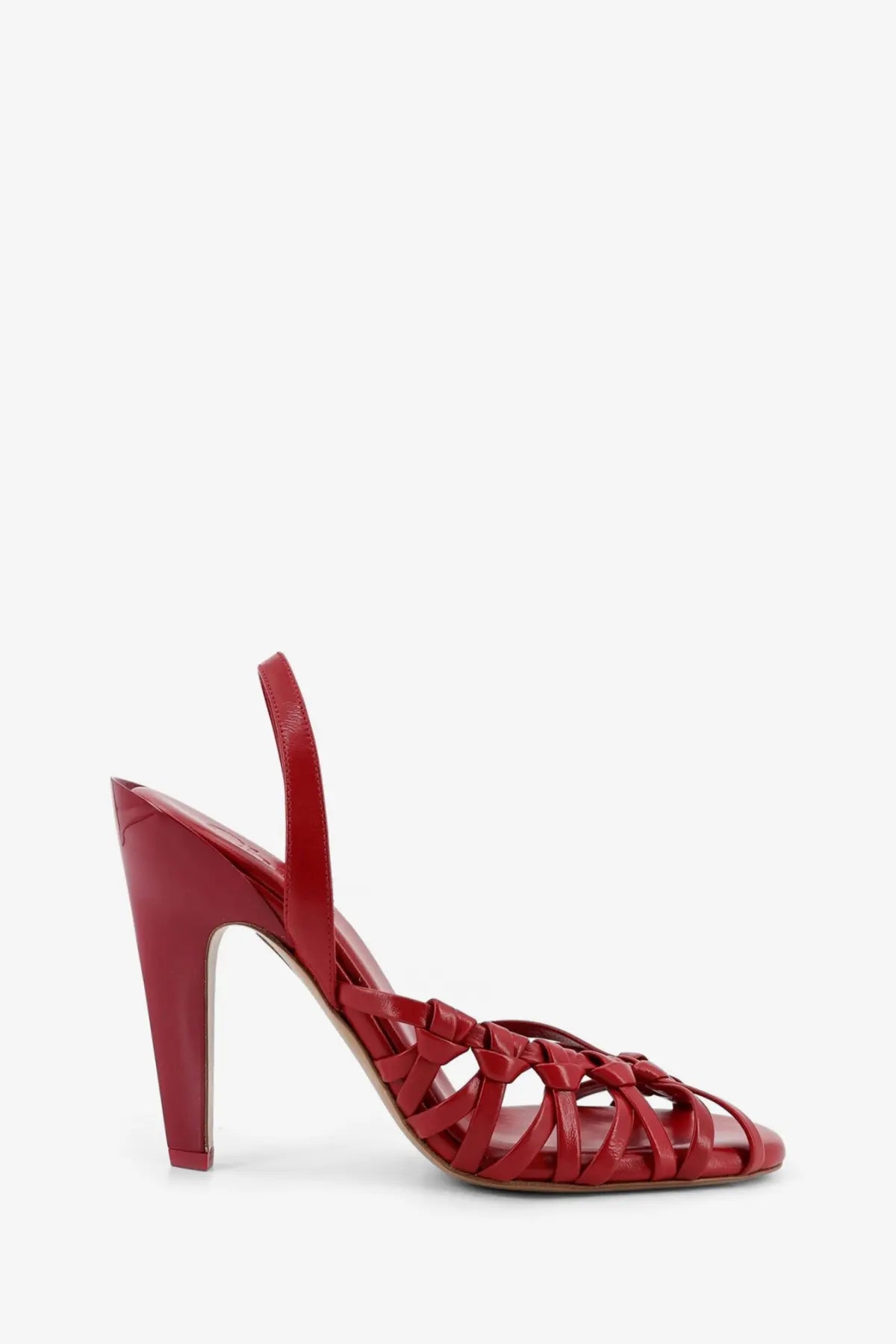 Chloé women’s Estra red leather sandals with high heel strappy design and woven patent leather detailing