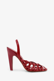 Chloé women’s Estra red patent leather strappy sandal with high heel and woven detailing