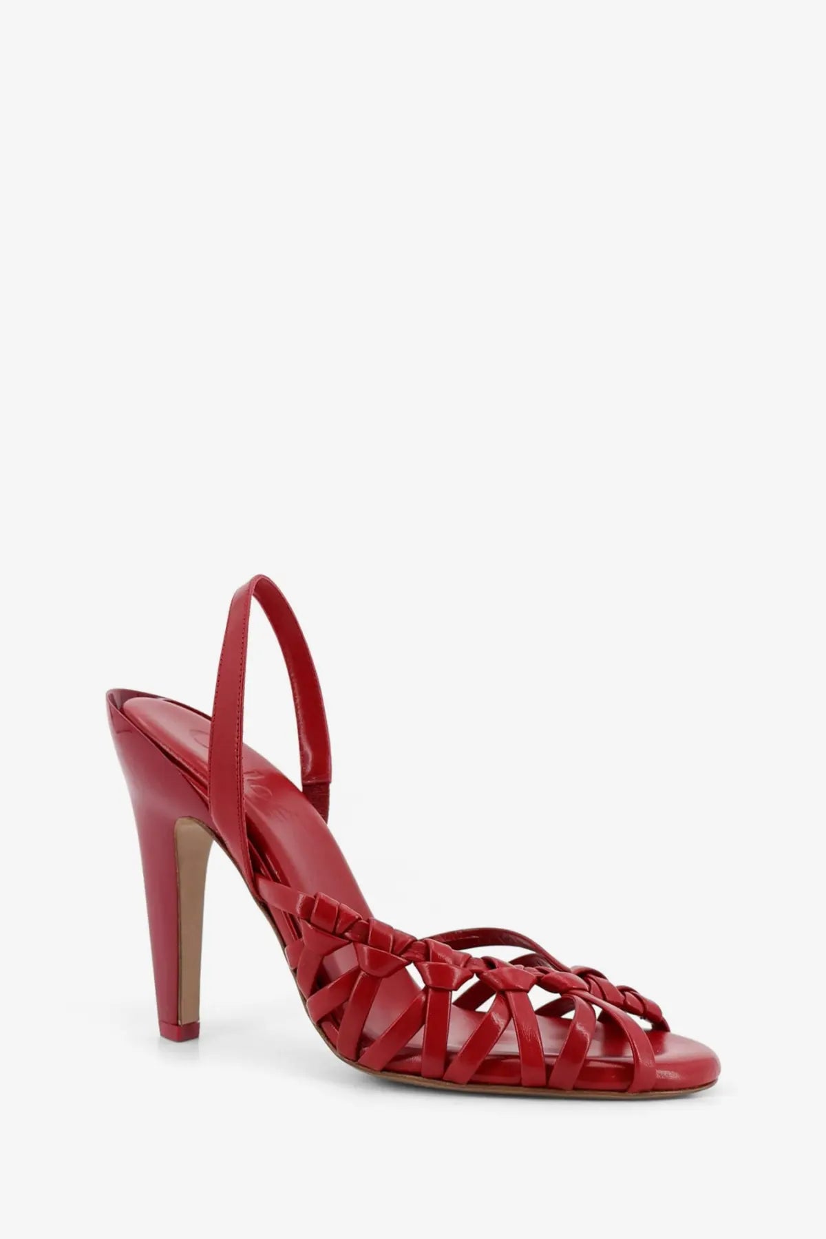 Red patent leather strappy sandal with high stiletto heel and braided toe straps from chloé womens estra collection