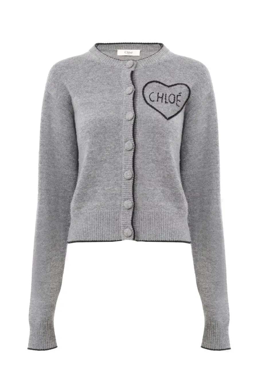 Chloé women’s fitted grey knit cardigan with heart-shaped embroidered logo in black thread