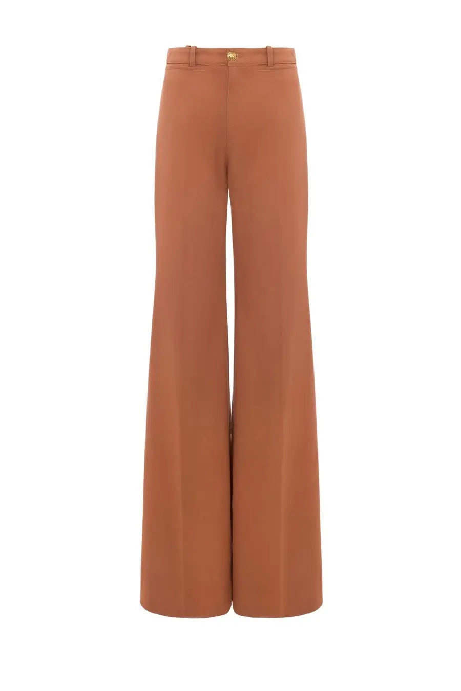 Chloé women’s brown caramel-colored wide-leg flared pants with sleek tailored fit and gold-toned belt loops
