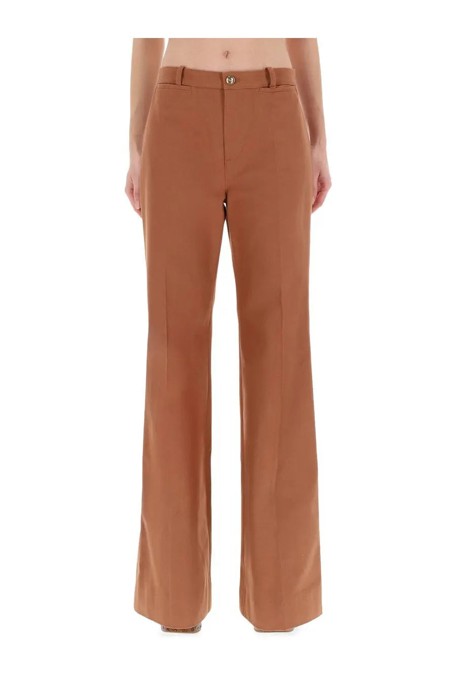 Chloé women’s flared pants brown in tan wide-leg design with sleek straight cut and single button waistband closure