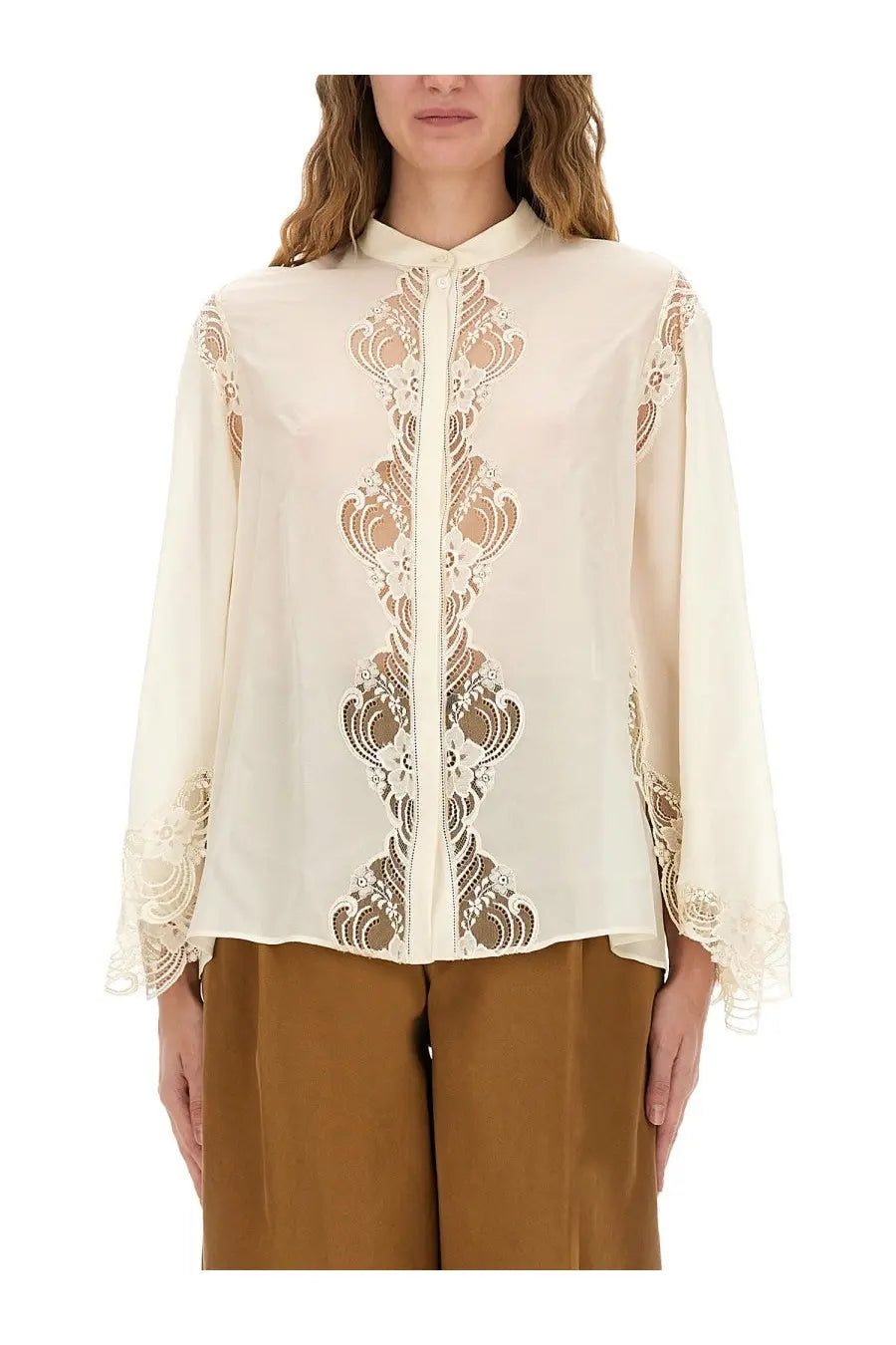 Cream-colored chloé women’s silk georgette blouse with gold-toned lace embroidery on front placket and cuffs
