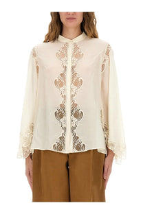 Cream-colored chloé women’s silk georgette blouse with gold-toned lace embroidery on front placket and cuffs