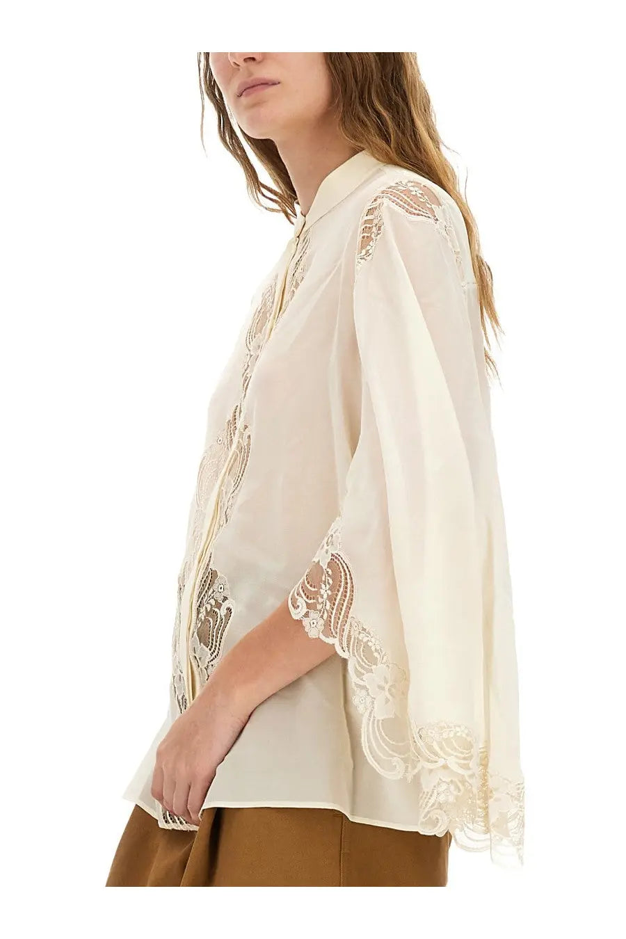 Chloé women’s white fluid silk georgette blouse with lace detailing on sleeves and front panel in cream color
