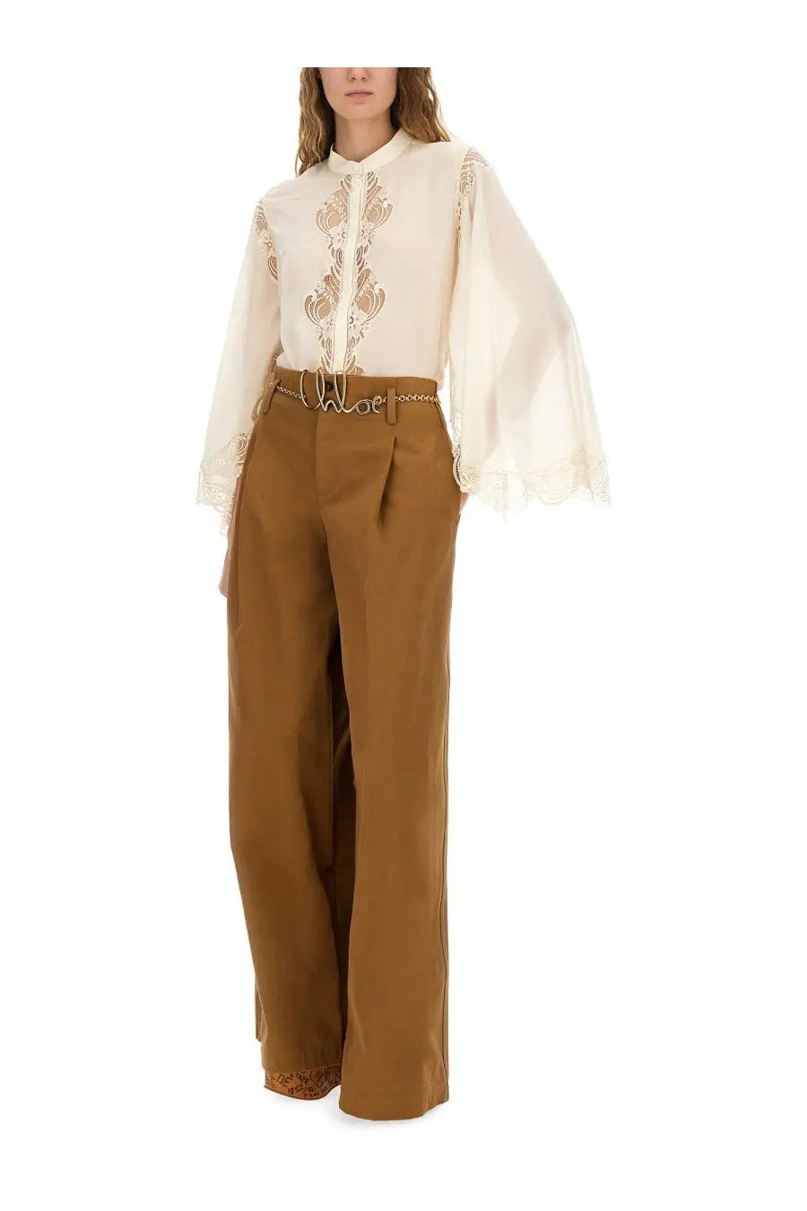 Chloé women’s cream silk georgette blouse with delicate gold embroidery and sheer fluttery sleeves in white