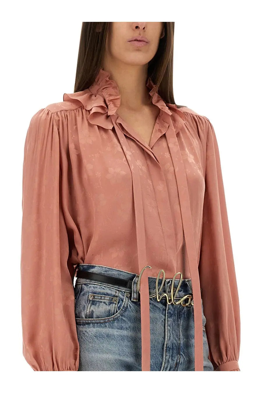 A dusty rose satin blouse with a ruffled collar and tie-front detail in chloé women’s fluid silk jacquard blouse blue design