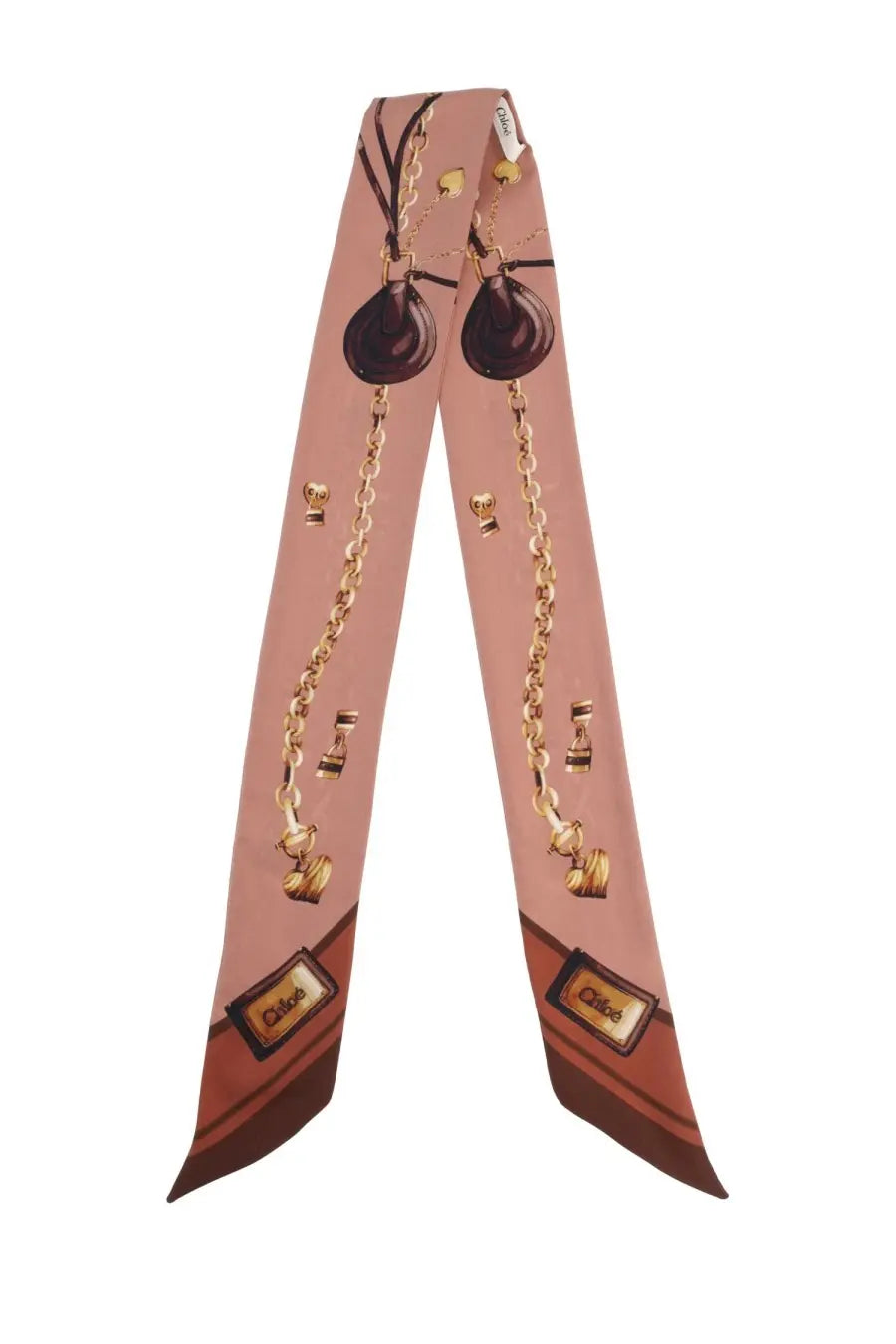 Chloé women’s foulard fascia Paddington beige pink silk scarf with gold chain pendant and brown accents at ends