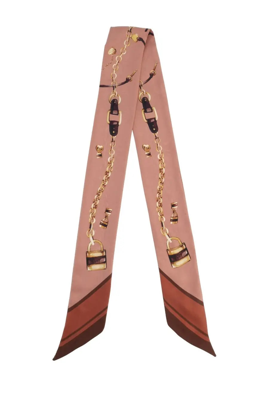 Chloé women’s foulard fascia paddington beige silk scarf with pink base gold chains black buckles and padlocks pattern
