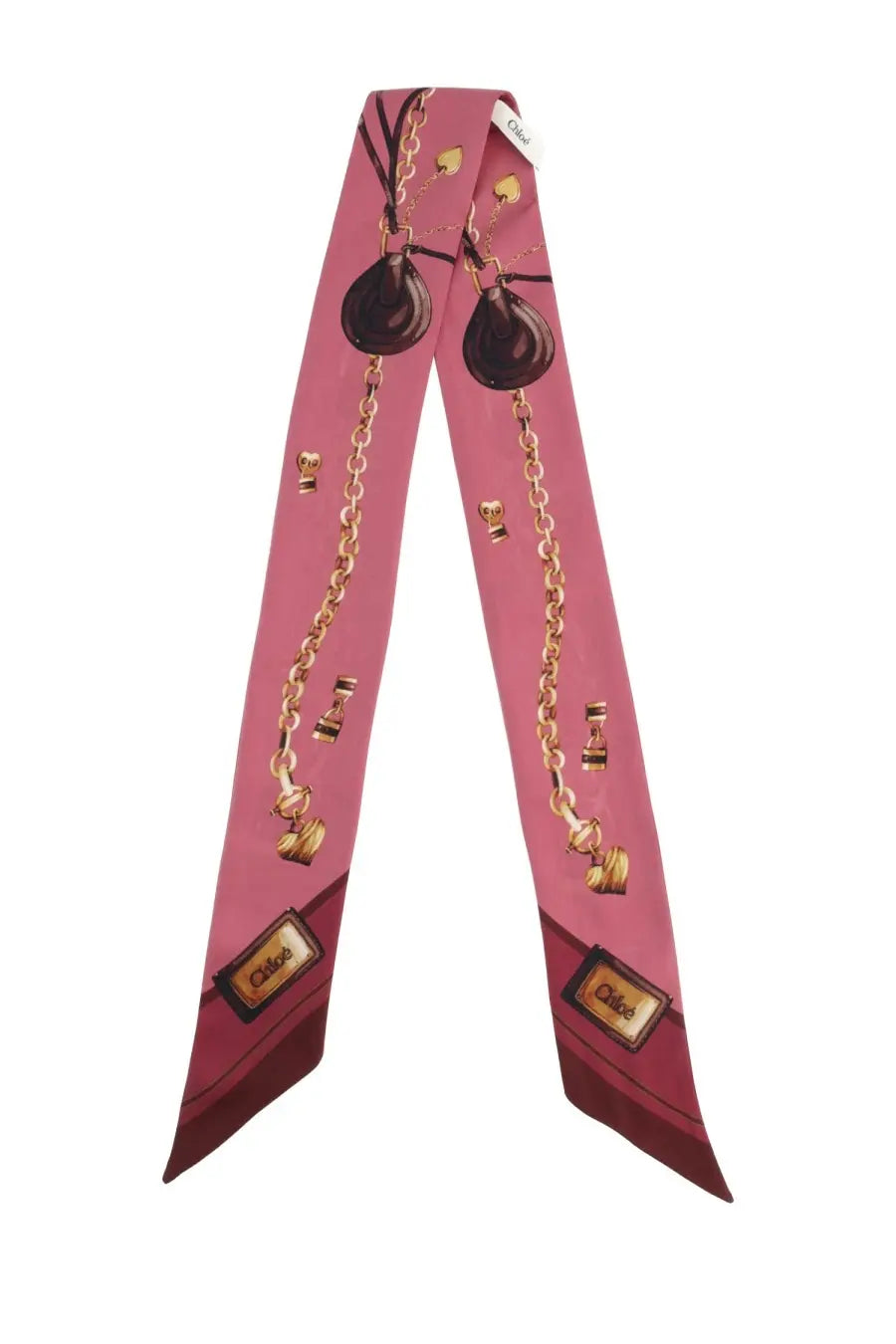 Chloé women’s pink silk scarf with gold chain pendant print and Chloé branding on the ends