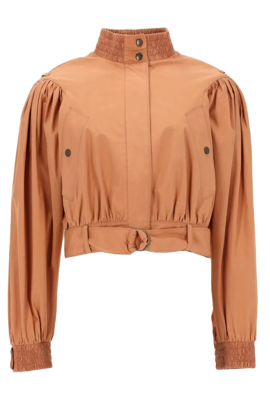 Chloé women’s giacca corta arricciata beige popeline cotton cropped jacket with puffed sleeves and belted waist