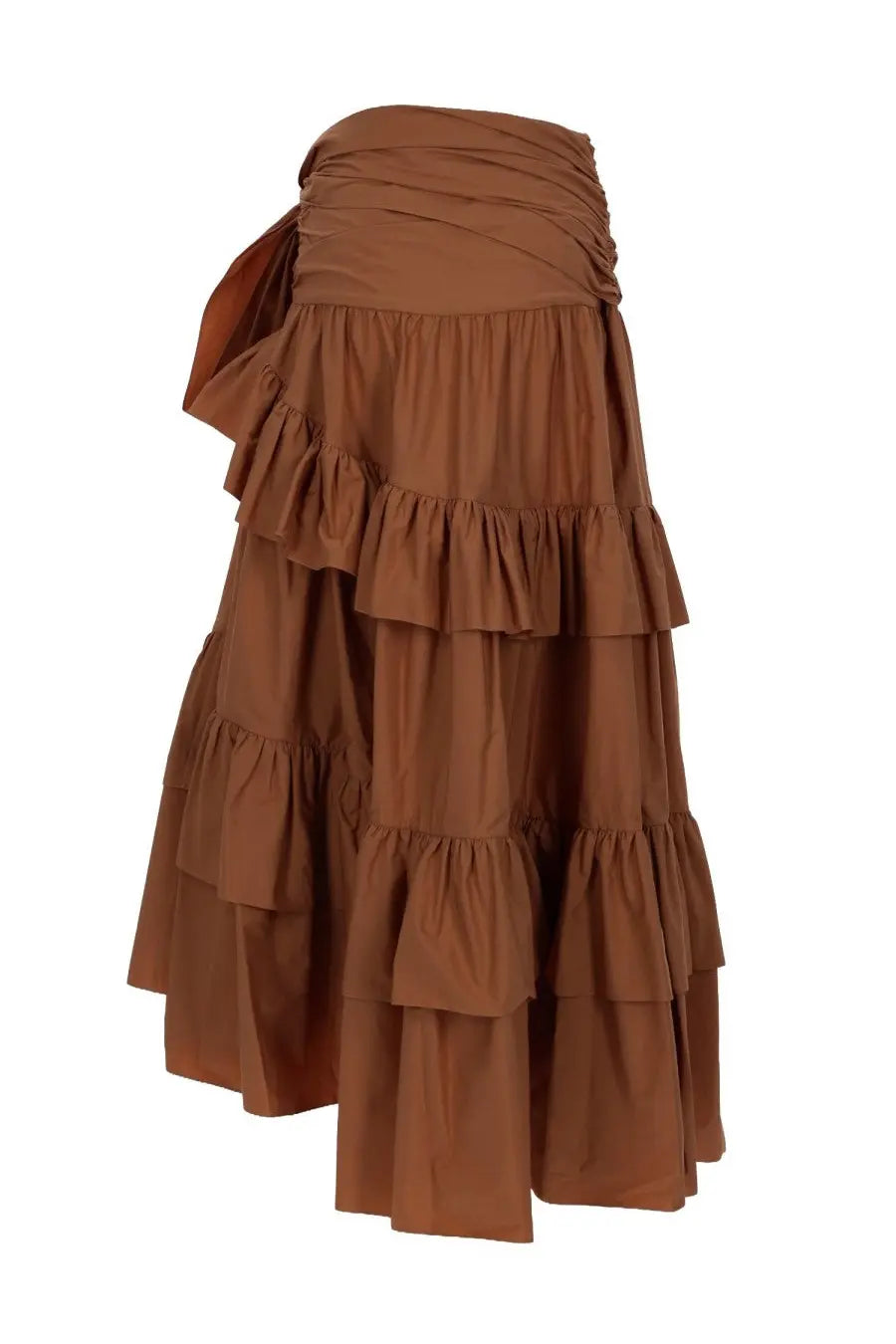 Chloé women’s brown tiered ruffle skirt with gathered waistband and asymmetrical hemline in lightweight fabric