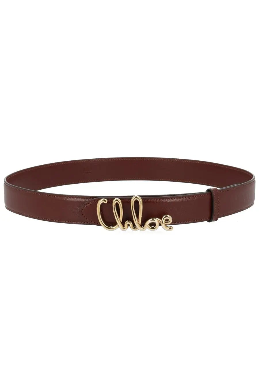 Brown leather chloé women’s iconic belt with gold-tone chloé logo buckle