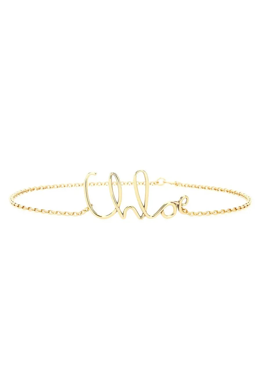 Gold-colored wire bracelet with chloe name in cursive script from the chloé women’s iconic small belt gold collection
