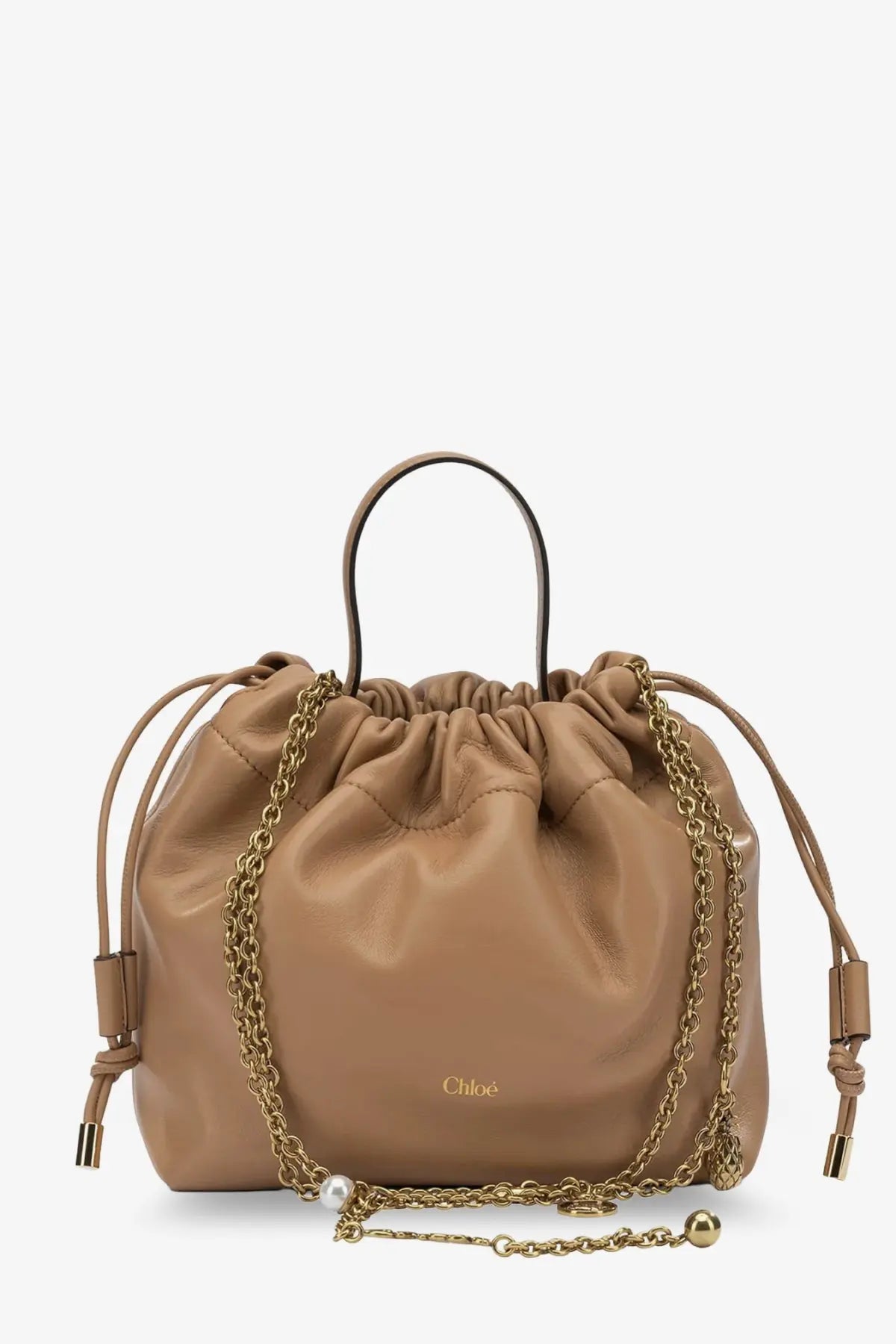 Tan leather drawstring handbag with gold-tone chain strap and pearl accent from Chloé women’s beige crossbody bag collection