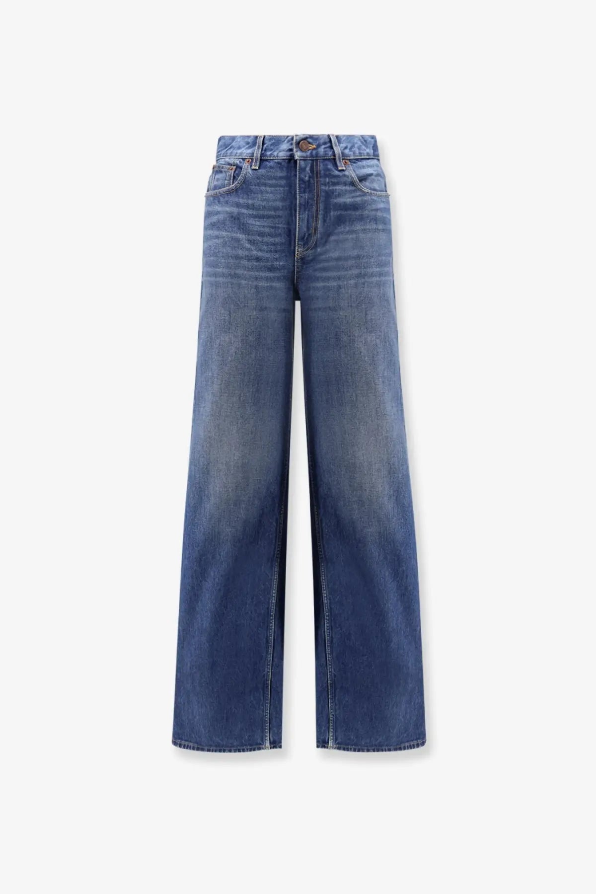 Chloé women’s jeans blue high-waisted wide-leg denim jeans medium blue wash with classic stitching and button closure