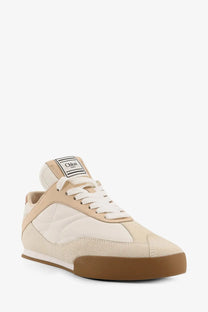 Beige suede and canvas high-top chloé women’s sneaker with white laces tan sole and black label on the tongue