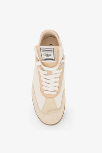 Beige suede and canvas high-top women’s sneaker with white laces and branded label by Chloé Kick Leather Sneakers White