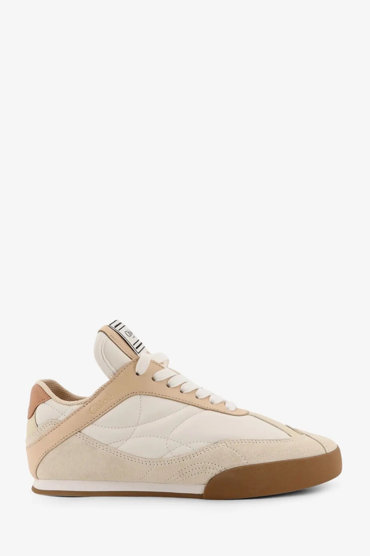 Beige suede and canvas low-top chloé women’s sneaker with tan rubber sole and white laces