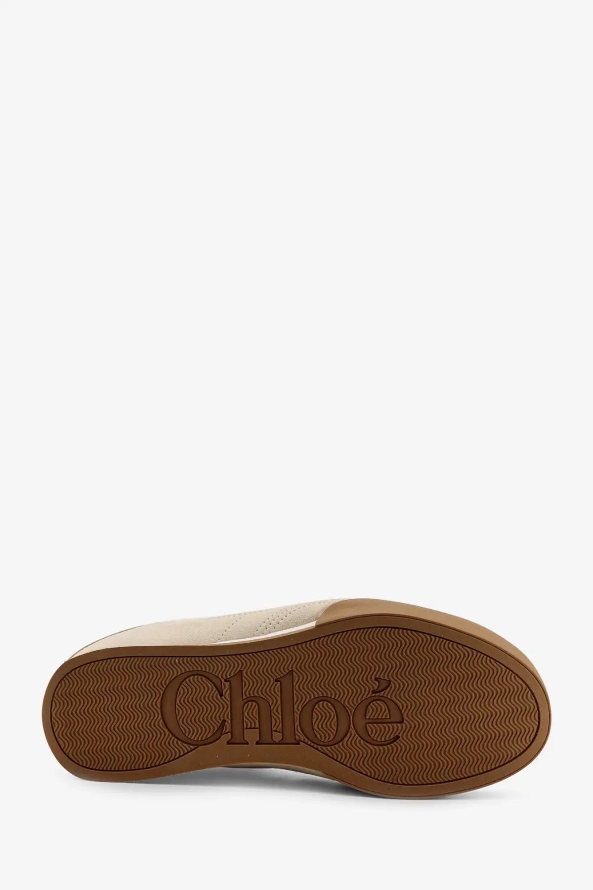 Beige suede low-top sneaker with brown rubber sole embossed with chloé logo from chloé women’s chloé kick leather sneakers white