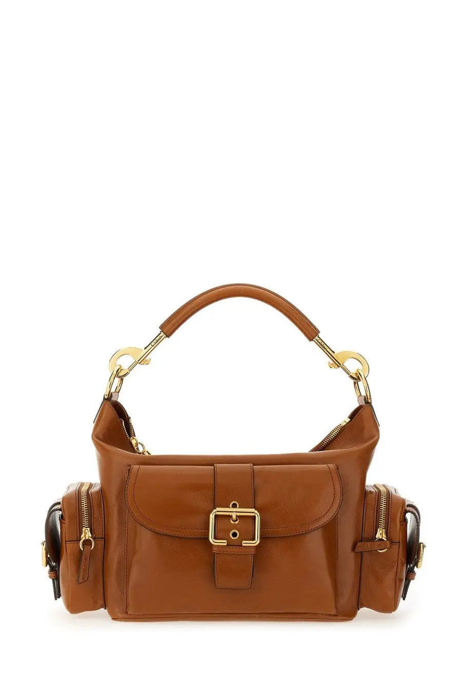 Brown leather chloé women’s camera bag in beige with gold-tone hardware and front flap closure