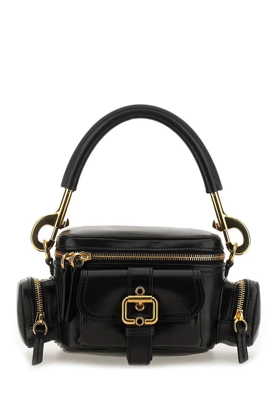 Chloé women’s black leather camera bag in patent leather with gold-tone hardware and side pockets