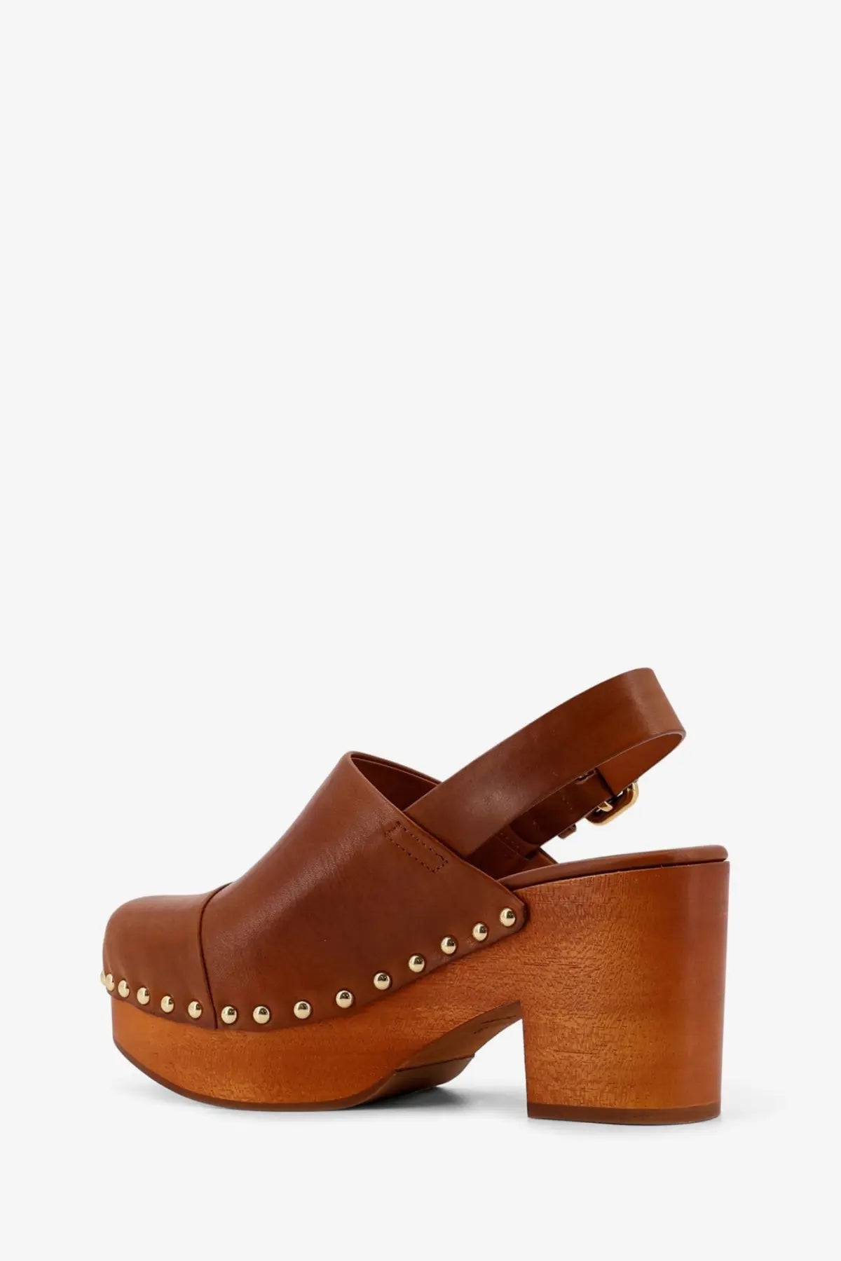 Brown leather clog sandal with chunky wooden heel and gold tone studs along the toe by Chloé women