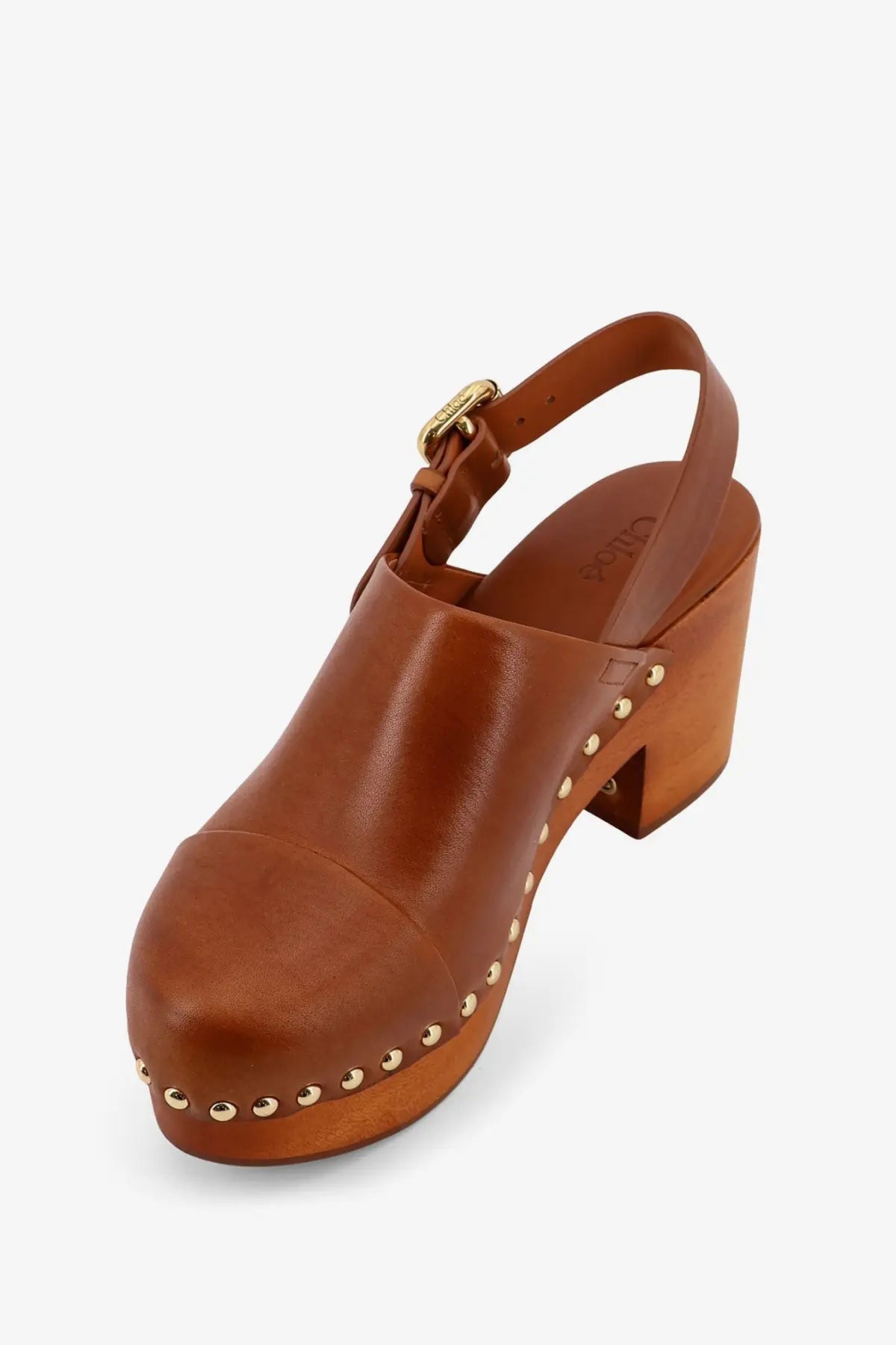 Brown leather clog sandal with wooden block heel and gold-tone studs by chloé for women