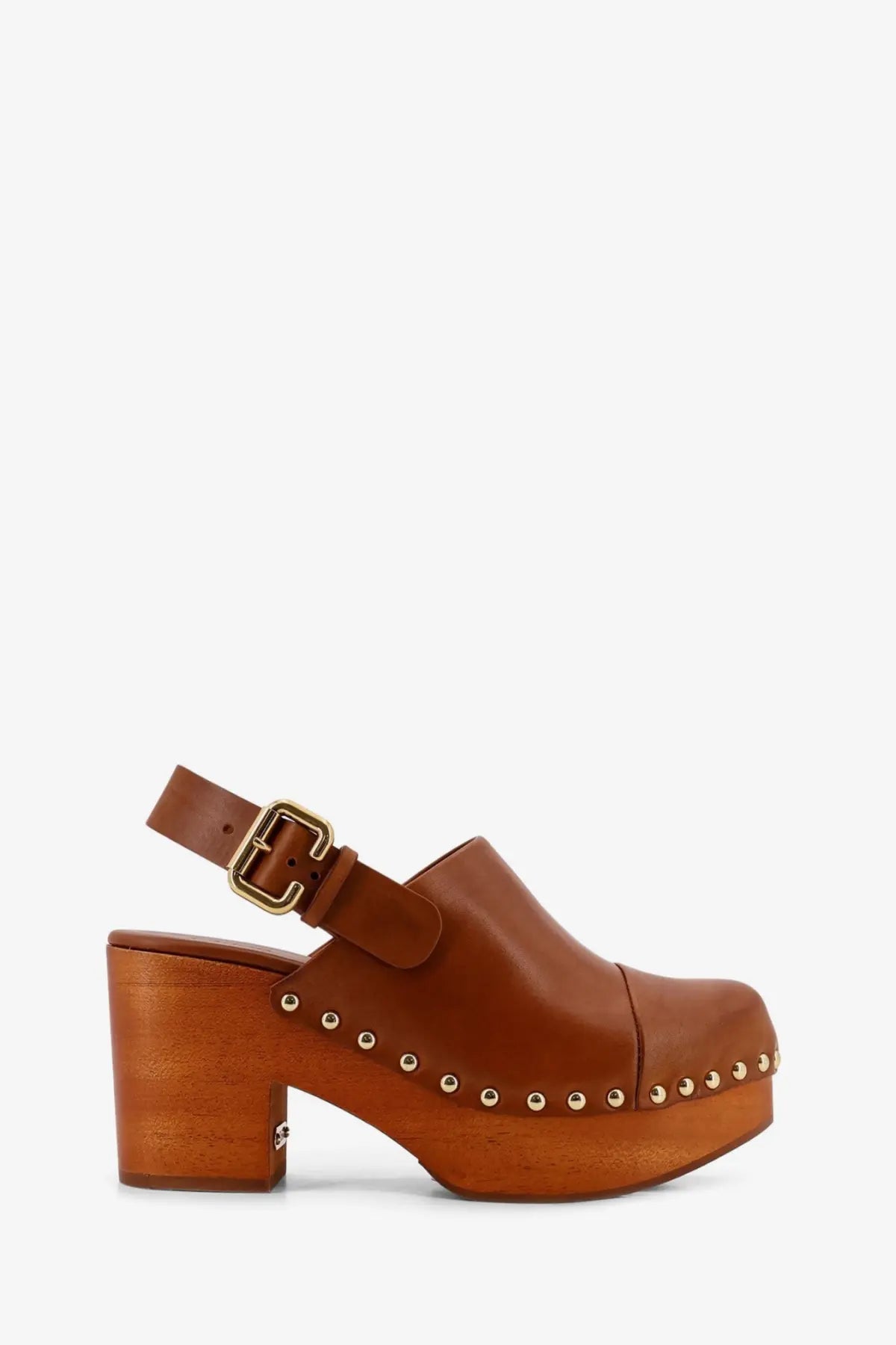 Chloé women’s brown leather clog sandal with wooden block heel and gold-tone studs along the sole