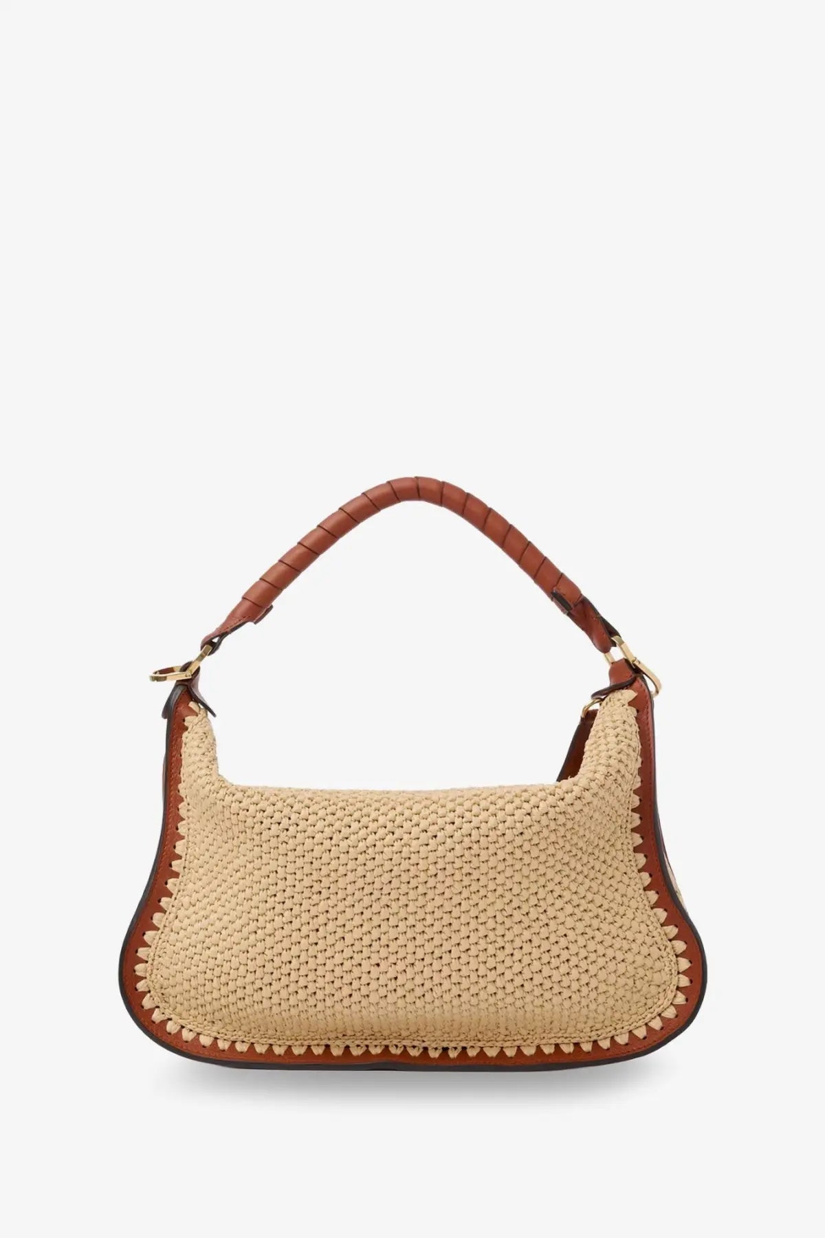 Beige woven straw chloé women’s marcie raffia shoulder bag with brown leather trim and handle