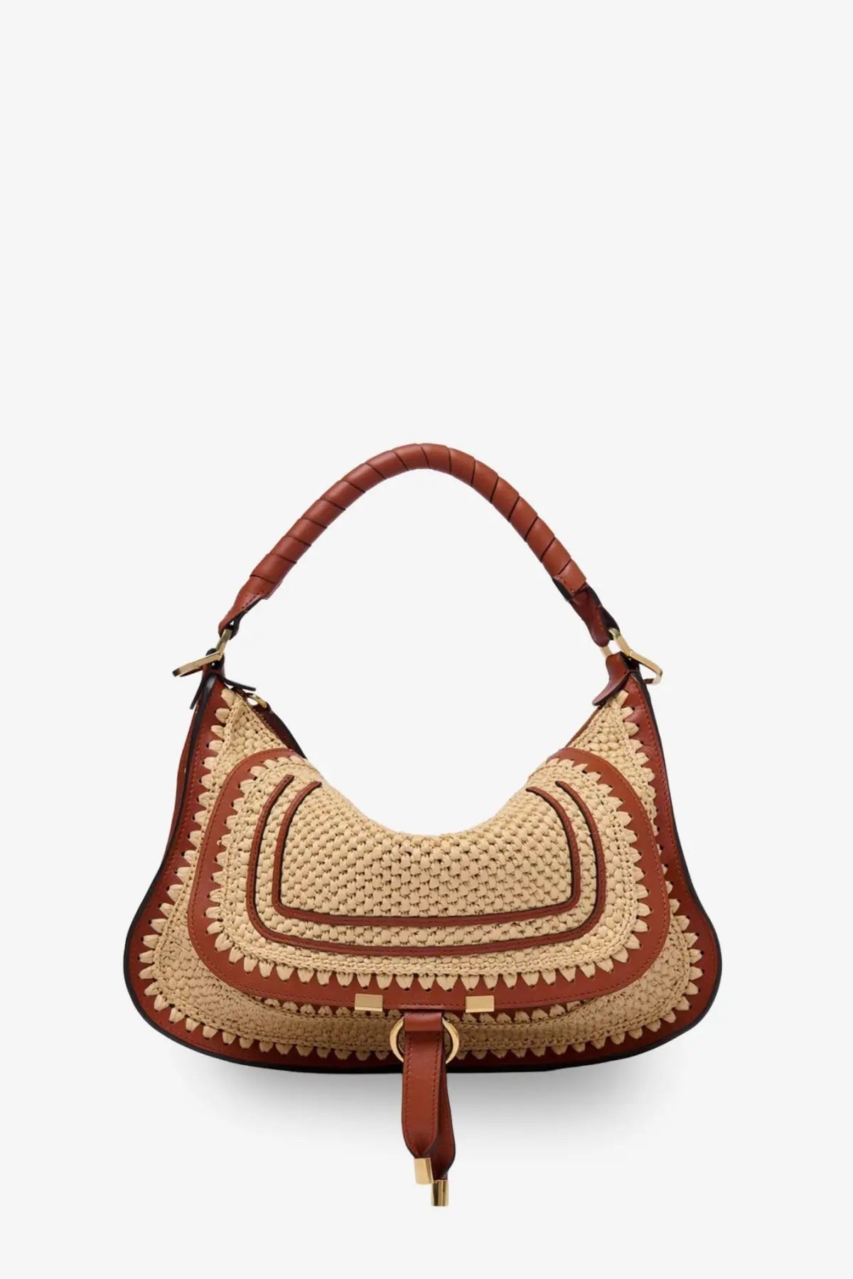 Chloé women’s Marcie raffia shoulder bag in tan and brown woven straw with braided leather handle and gold-tone hardware