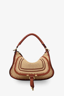 Chloé women’s marcie raffia shoulder bag brown with tan and brown woven straw and braided leather handle with gold hardware