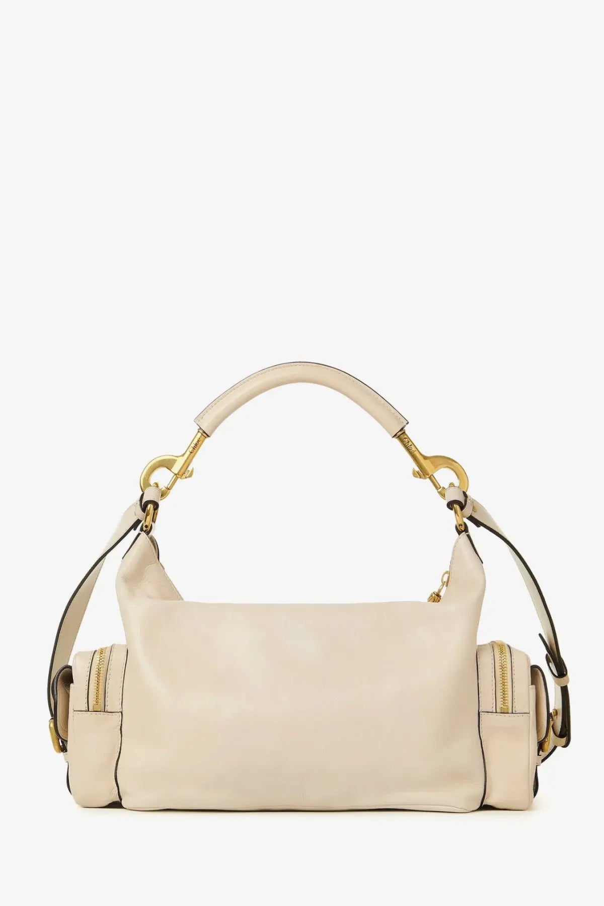 Chloé women’s medium beige leather shoulder bag with cream-colored leather hobo style and gold-tone hardware dual zip pockets