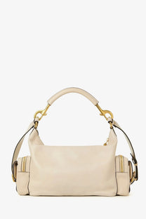 Chloé women’s medium beige leather shoulder bag with cream-colored leather hobo style and gold-tone hardware dual zip pockets