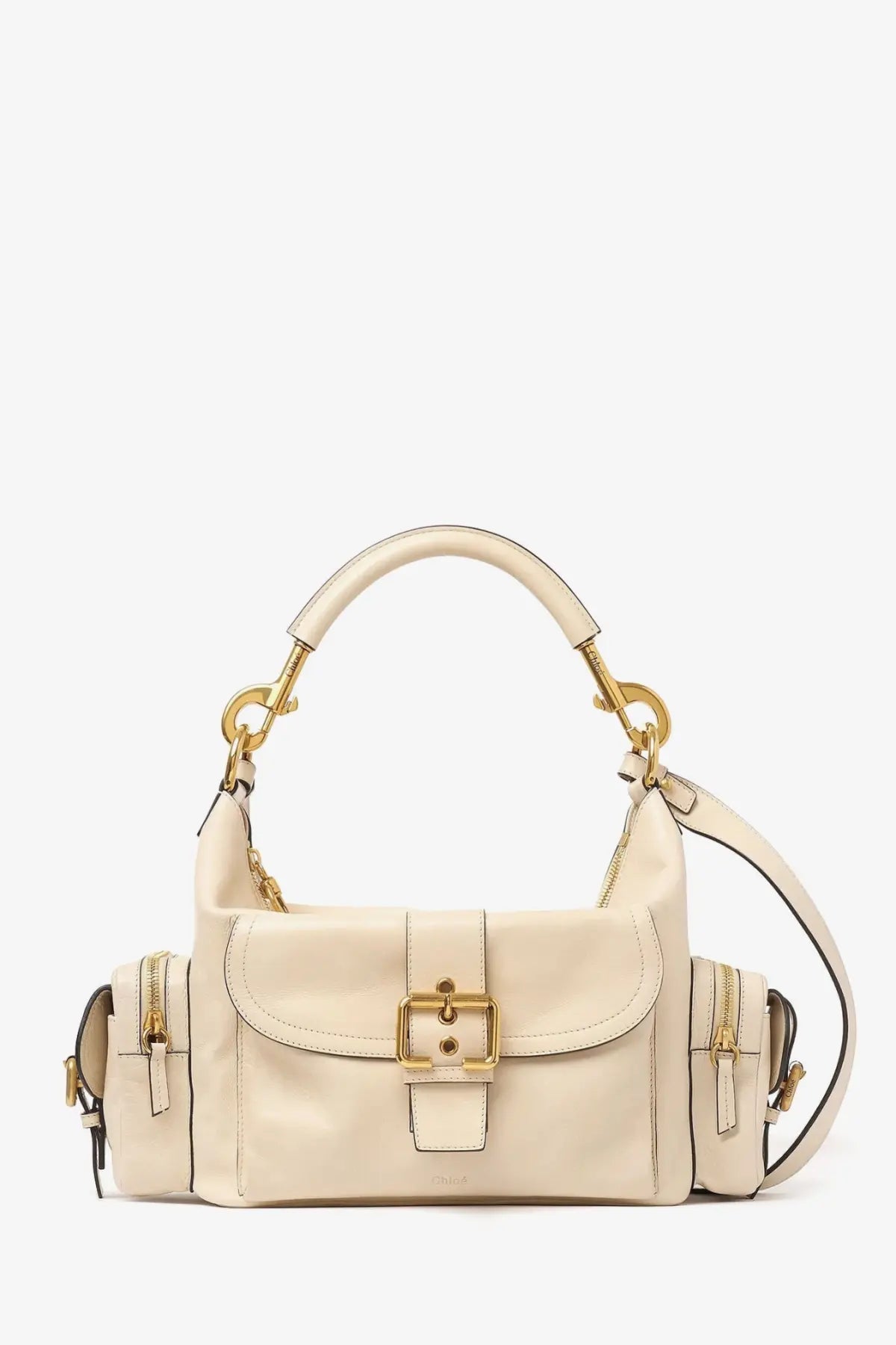 Chloé women’s medium double carry leather shoulder bag in cream-colored leather with gold-tone hardware and structured design