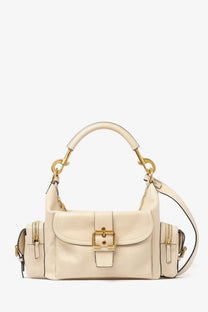 Chloé women’s medium double carry leather shoulder bag in cream-colored leather with gold-tone hardware and structured design