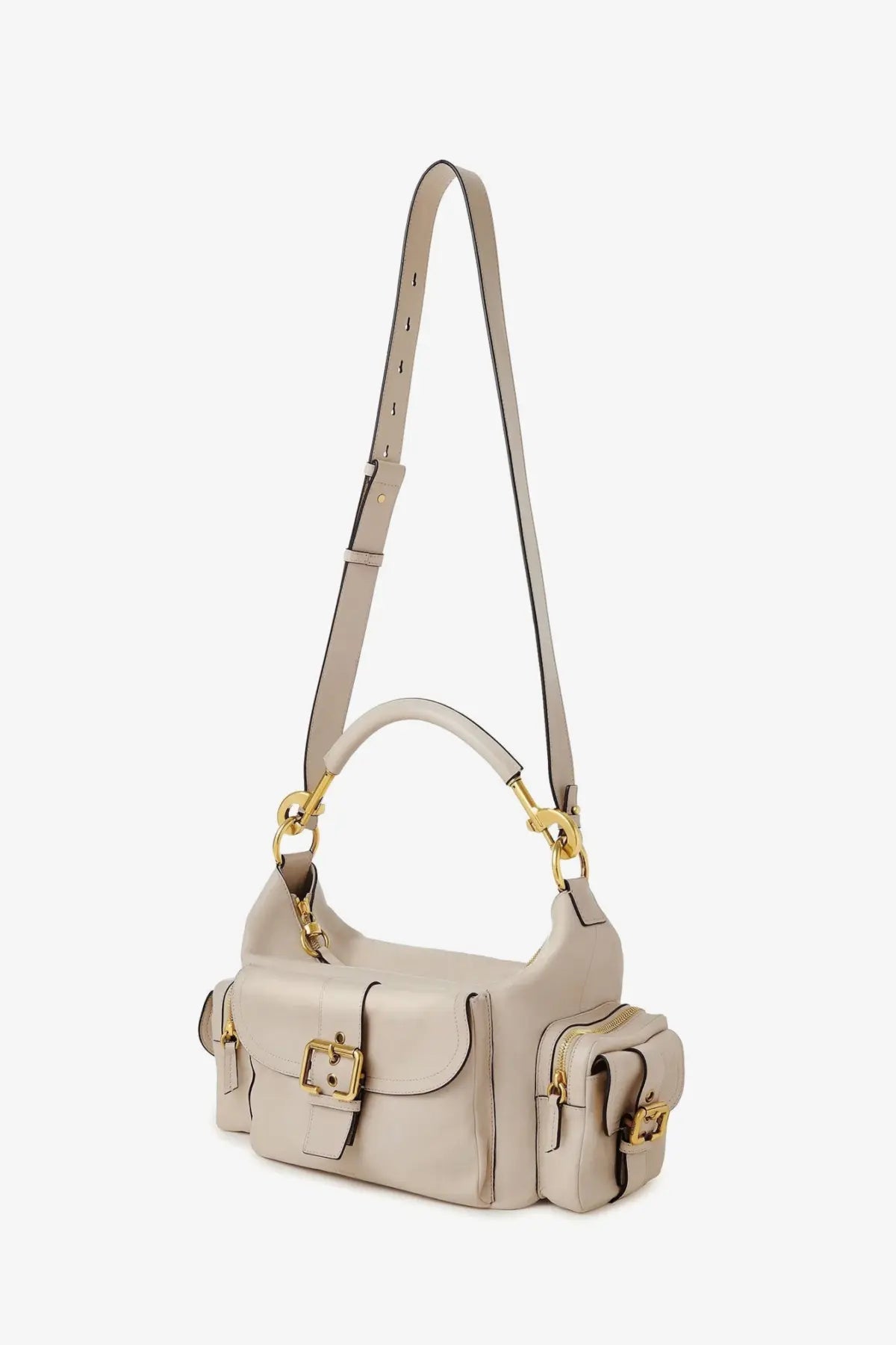 Beige leather chloé medium double carry crossbody bag with gold-tone hardware and multiple pockets for women