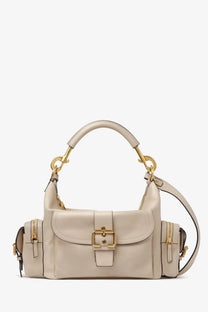 Chloé women’s medium brown leather shoulder bag with cream leather hobo style and gold-tone hardware front flap closure