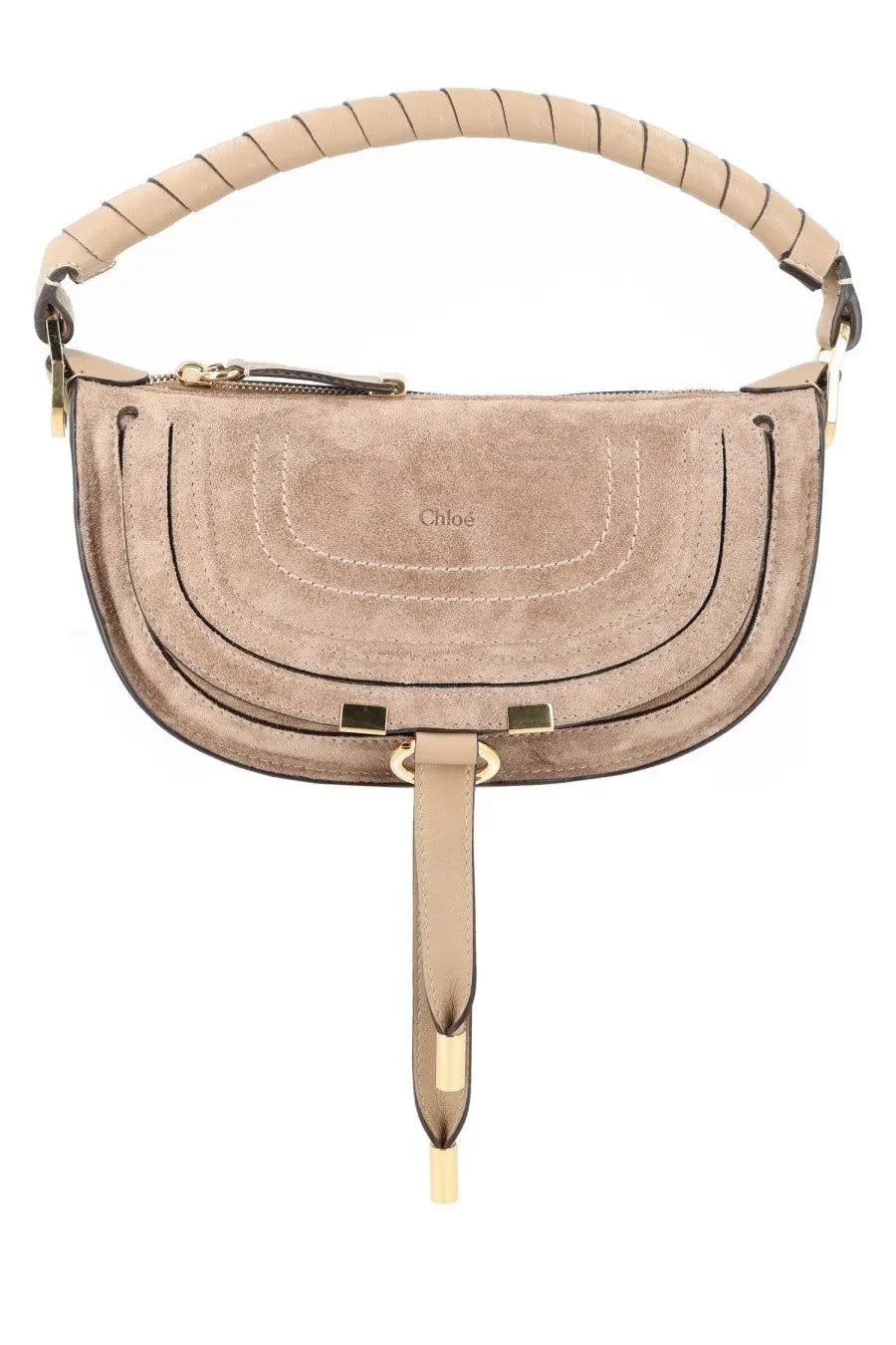 Beige suede chloé women’s mini marcie half moon handbag with woven leather shoulder strap and gold metal accents