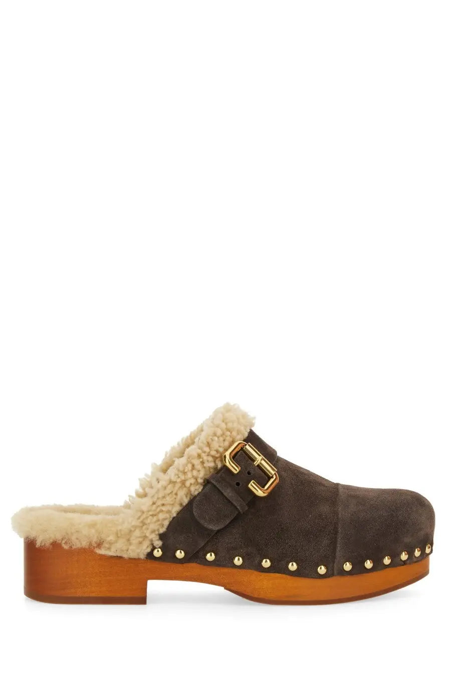 Chloé women’s mule Jeannette brown suede slip-on with tan shearling lining gold-tone buckle and stud detailing on side