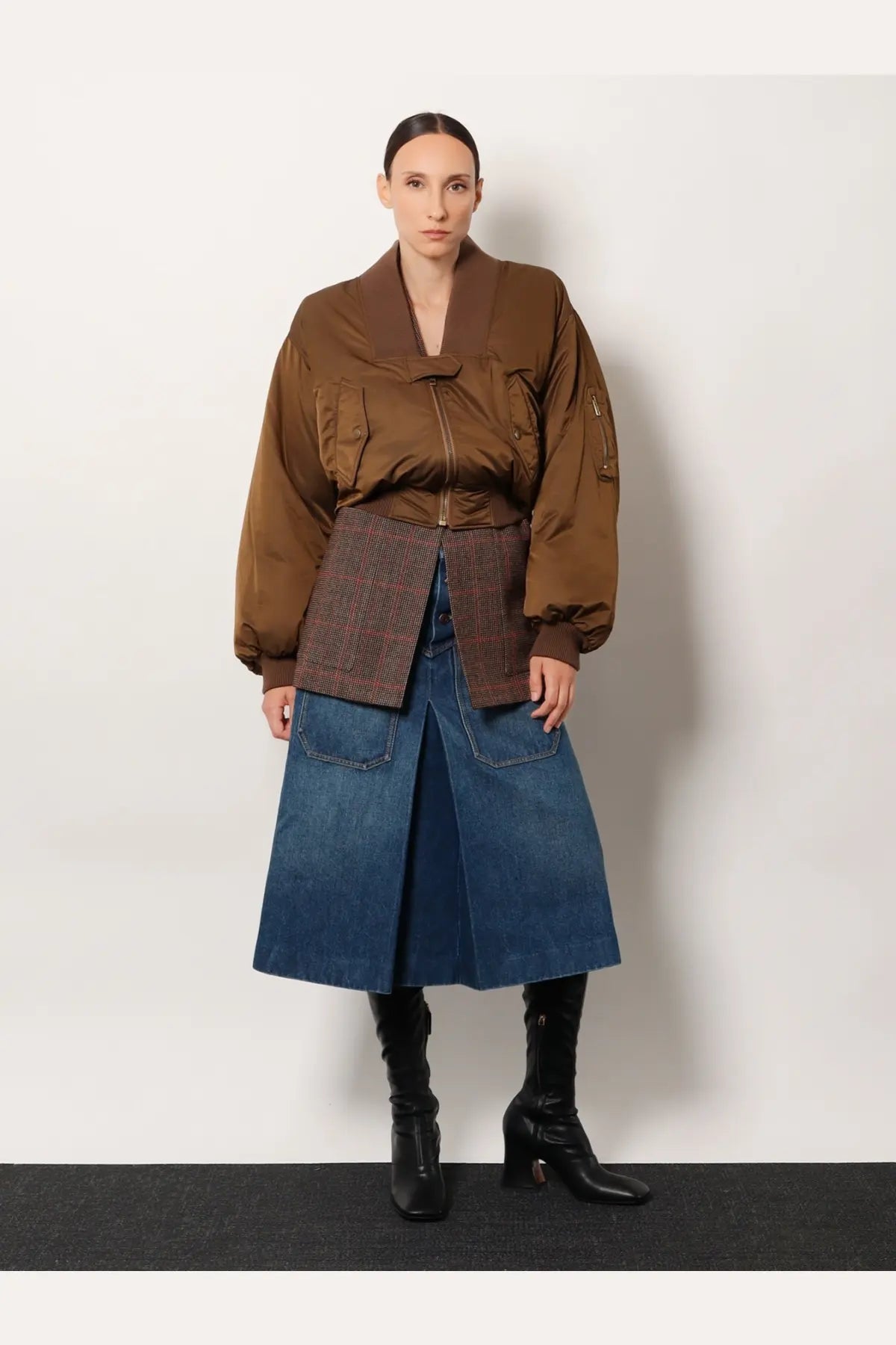 Chloé women’s brown nylon bomber jacket with matte finish and two front pockets paired with denim skirt