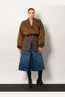 Chloé women’s brown nylon bomber jacket with matte finish and two front pockets paired with denim skirt