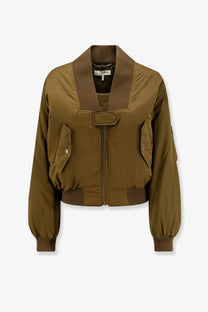 Chloé women’s olive green nylon cropped bomber jacket with ribbed collar cuffs zipper closure and flap pockets