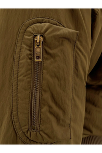 Chloé women’s olive green nylon bomber jacket with gold-tone zipper pull featuring the chloé brand name
