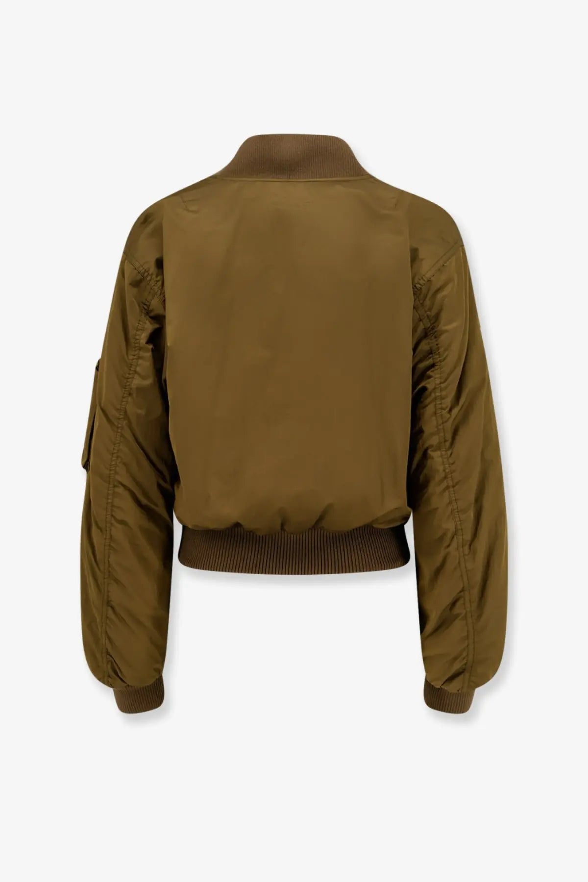 Chloé women’s olive green nylon bomber jacket with ribbed cuffs and collar in brown tone shown from the front