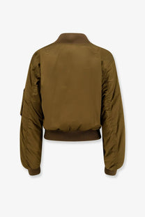 Chloé women’s olive green nylon bomber jacket with ribbed cuffs and collar in brown tone shown from the front